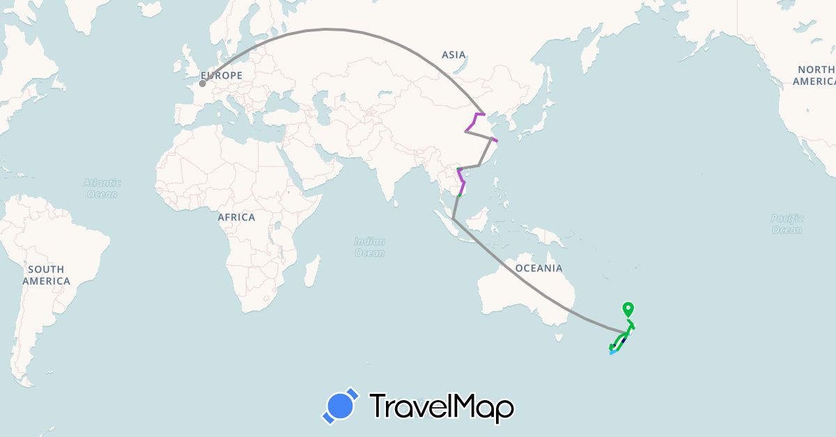 TravelMap itinerary: driving, bus, plane, train, boat in China, France, Hong Kong, New Zealand, Singapore, Vietnam (Asia, Europe, Oceania)
